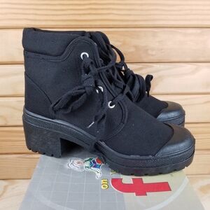 Black Canvas 8.5 US Combat Military Biker Moto Ankle Boots Heeled Lace up NEW